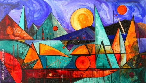 Abstract landscape with vibrant colors and geometric shapes