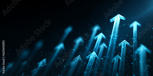 Ascending glowing arrows against a dark background, symbolizing growth and progress.
