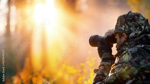 Hunter camouflage wildlife forest binoculars photography outdoors sunrise nature observation of deer in autumn woods for adventure, stealth, animal tracking, and professional hunting gear