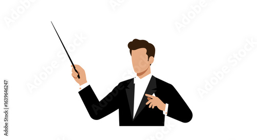Dynamic conductor leading an orchestra in a concert hall music performance classical atmosphere engaging perspective. Vector illustration