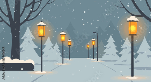 Winter evening stroll snowy park pathway digital illustration calm atmosphere aesthetic viewpoint. Vector illustration