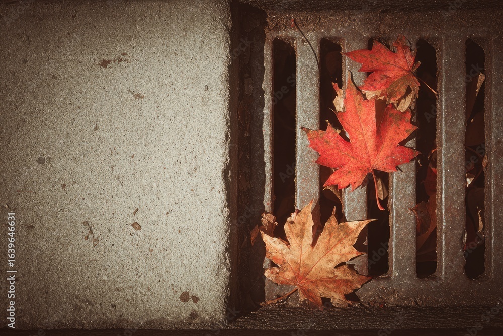 Obraz premium Autumn leaves in a metal drain (1)