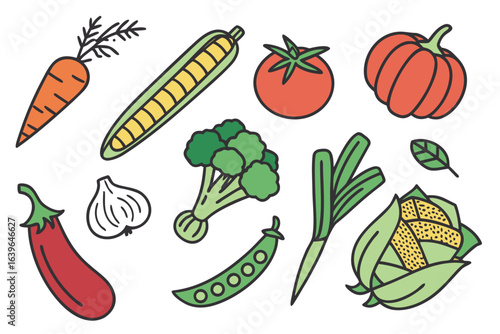 Collection of colorful cartoon style vegetables on a white background