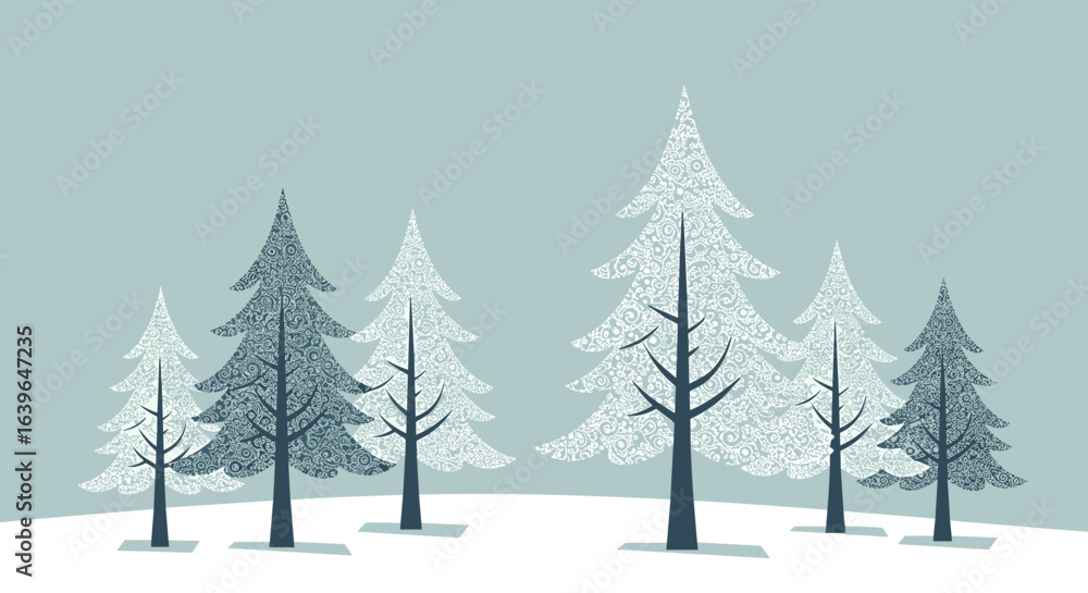 Obraz premium Winter wonderland enchanted pine forest digital artwork calm atmosphere aerial viewpoint nature beauty. Vector illustration