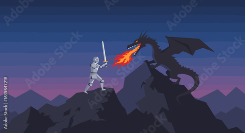 Epic battle between knight and dragon fantasy realm digital illustration dramatic landscape wide angle view adventure theme. Vector illustration