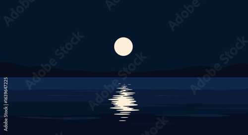 Moonlit reflection over calm waters tranquil lake digital artwork nighttime serenity aesthetic perspective. Vector illustration