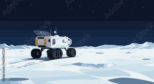 Lunar exploration rover journey moon surface digital art nighttime wide view space technology adventure. Vector illustration