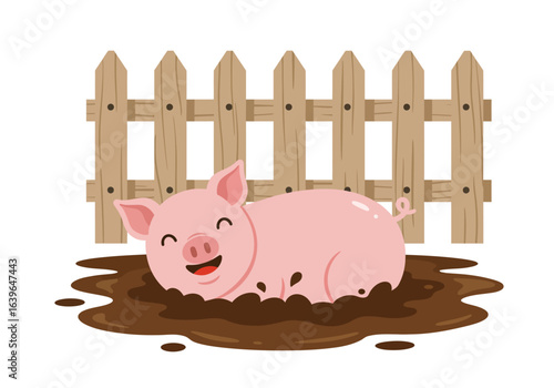 Cartoon pig happily wallows in muddy puddle with wooden fence behind