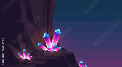 Vibrant crystal formation discovery remote cave digital art fantasy landscape close-up nature exploration. Vector illustration