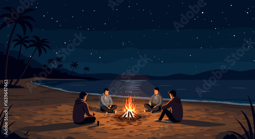 Campfire gathering under stars beach illustration nighttime relaxed atmosphere. Vector illustration