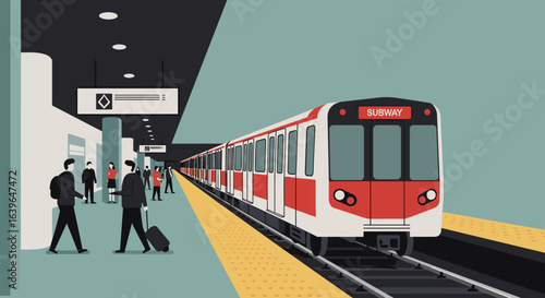 Subway train arrival urban station transportation illustration modern environment side view public transit concept. Vector illustration