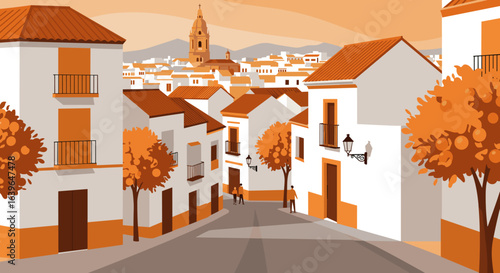 Exploring scenic streets of a charming town spain illustrative artwork urban environment serene viewpoint. Vector illustration