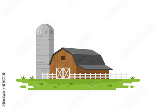 Cartoonstyle barn with silo picket fence and green grassy plot on white backdrop