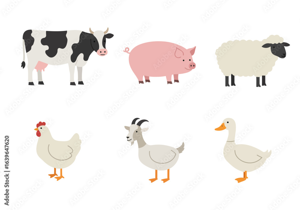 Naklejka premium Features a cow pig sheep chicken goat and goose in a cartoonish style set against a plain white background