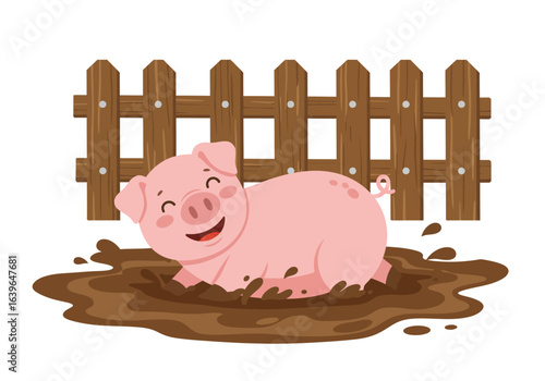 Pig in mud in front of a brown picket fence