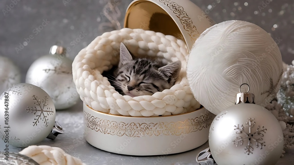 Fototapeta premium Illustration of a New Year's holiday scene with a peacefully sleeping kitten on a white scarf placed in a box surrounded by large Christmas tree balls.