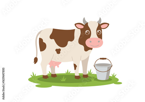 Spotted cow beside a bucket standing on grass