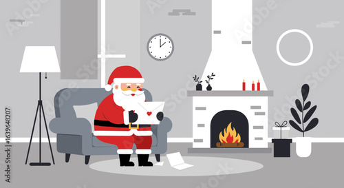 Santa claus reading letters by the fireplace cozy living room digital illustration holiday spirit warm atmosphere. Vector illustration