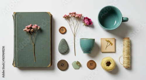 Wallpaper Mural Arrangement of book, flowers, buttons, stones, teal ceramics, paper, and twine on a white surface, viewed from above. Torontodigital.ca