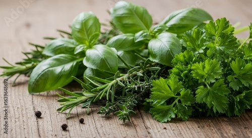 Fototapeta Naklejka Na Ścianę i Meble -  Close-up of fresh basil, rosemary, thyme, and parsley herbs with scattered peppercorns on a wooden surface.