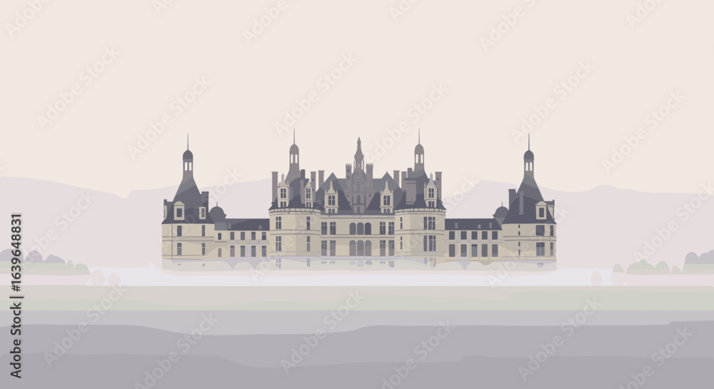 Fototapeta premium Exploring a majestic castle in the mist historical architecture enigmatic landscape digital art perspective. Vector illustration