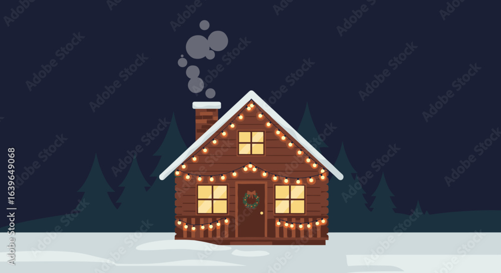 Fototapeta premium Cozy winter cabin with lights snowy forest digital illustration nighttime whimsical holiday spirit. Vector illustration
