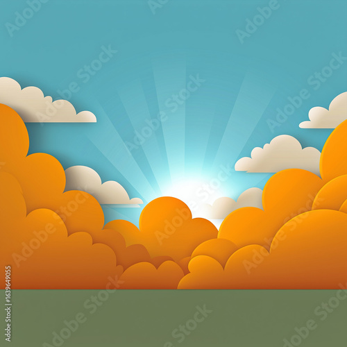 Cartoon Landscape with Vibrant Sky, Sun Rays and Fluffy Clouds – Colorful Nature Background for Kids, Games, Animation and Creative Design Projects