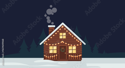 Cozy winter cabin with lights snowy forest digital illustration nighttime whimsical holiday spirit. Vector illustration