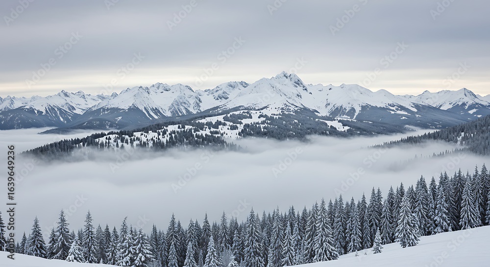 Serene Alpine Vista: Snowy Peaks Rising Above a Valley of Clouds Serene Alpine Vista: Snowy Peaks Rising Above a Valley of Clouds