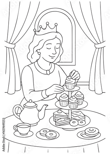 Coloring book page of a queen having afternoon tea with cupcakes.