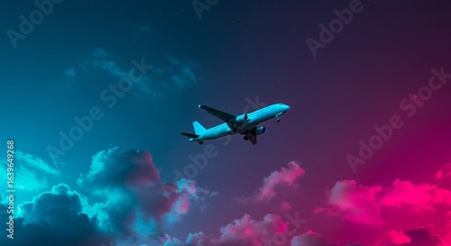 Wallpaper Mural Airplane in flight against a colorful sky with clouds and stars. The image uses blue and pink hues for a vibrant, otherworldly feel. Torontodigital.ca