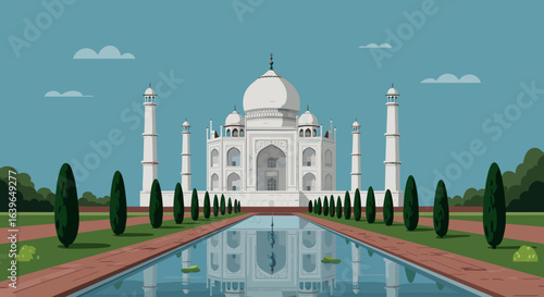 Exploring the majestic taj mahal agra architectural wonder tranquil garden panoramic view cultural symbol. Vector illustration