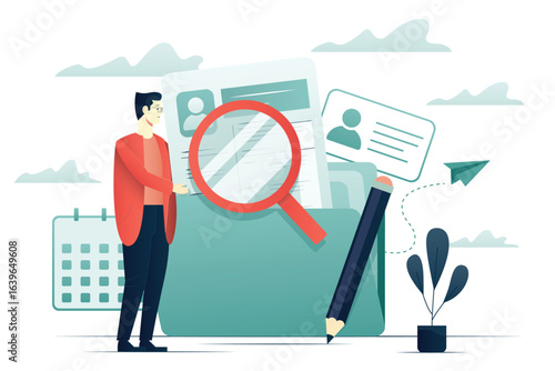 Male character searching for file in folder. Manager office or HR  with confident docs flat illustration