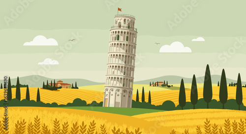 Exploring the leaning tower of pisa italy iconic landmark scenic landscape digital illustration. Vector illustration