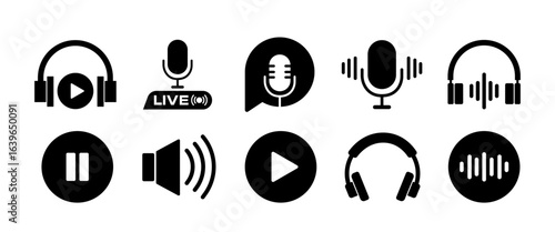 Minimal Black Podcast Elements Icon Collection, Audio sign and Symbol, Media illustration.
