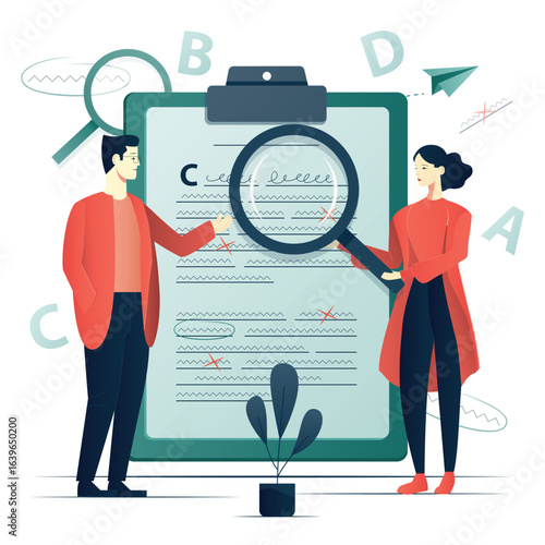Female and male characters correct mistakes. Grammar correction flat illustration