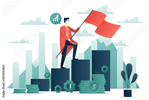 Businessmen climb growth column graph Personality development and goals, careerbuilder. Follow the leader concept flat illustration
