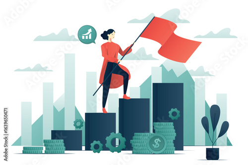 Businesswomen climb growth column graph Personality development and goals, careerbuilder. Follow the leader concept flat illustration
