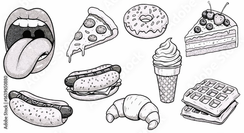 Monochrome sketch collection of tempting fast food and desserts symbolizing indulgence and appetite.