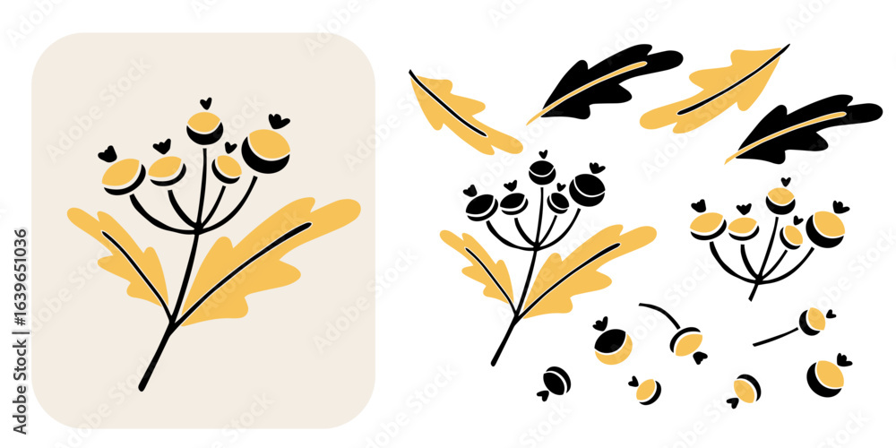 Fototapeta premium Minimalist flat vector illustration of black botanical branch with yellow leaves and berries. Perfect for greeting cards, seasonal packaging, textile prints, wrapping paper, posters, scrapbooking