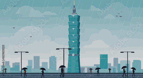 Rainy day commute taipei digital art urban landscape aerial view modern architecture. Vector illustration