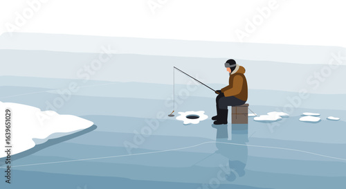 Ice fishing adventure frozen lake digital art winter landscape aerial view relaxation and isolation. Vector illustration