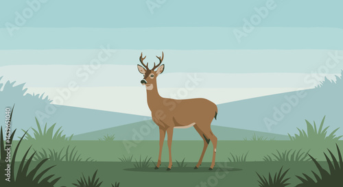 Majestic deer grazing in serene nature landscape peaceful environment illustrative artwork. Vector illustration