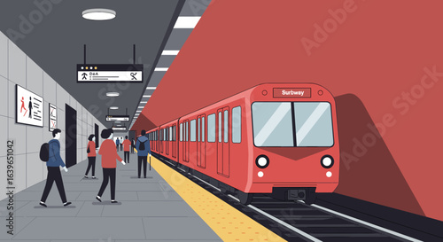 Subway train arriving urban metro station digital illustration indoor space eye-level view transportation concept. Vector illustration