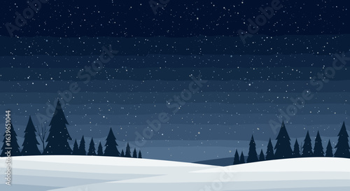 Winter wonderland snowy landscape at night nature scene tranquil environment panoramic view. Vector illustration