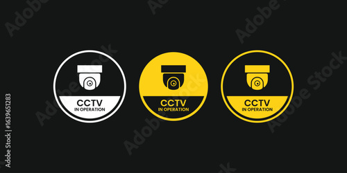 CCTV in operation round warning sign vector set in yellow, black, and white. Perfect for security system labels, surveillance camera icons, safety signage, and video monitoring zone alerts