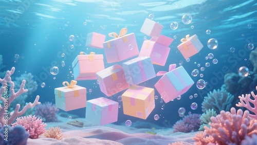 Colorful Gift Boxes Falling Underwater Scene with Coral Reefs and Bubbles