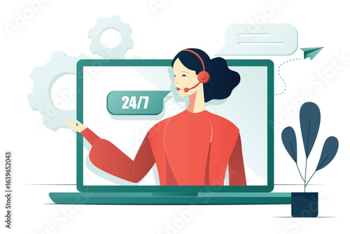 Customer service female worker. Online help or support concept flat illustration
