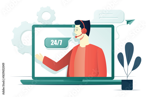 Customer service male worker. Online help or support concept flat illustration