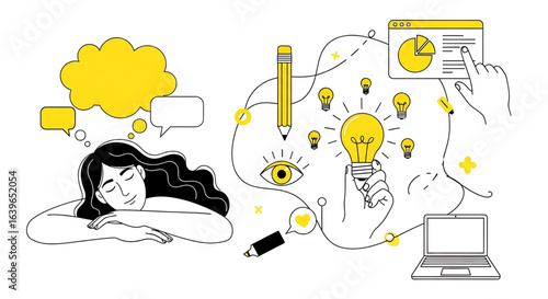 Flat vector illustration showing a woman imagining new ideas, surrounded by icons of light bulbs, charts, and creative tools. Concept for innovation, brainstorming, and design thinking.

